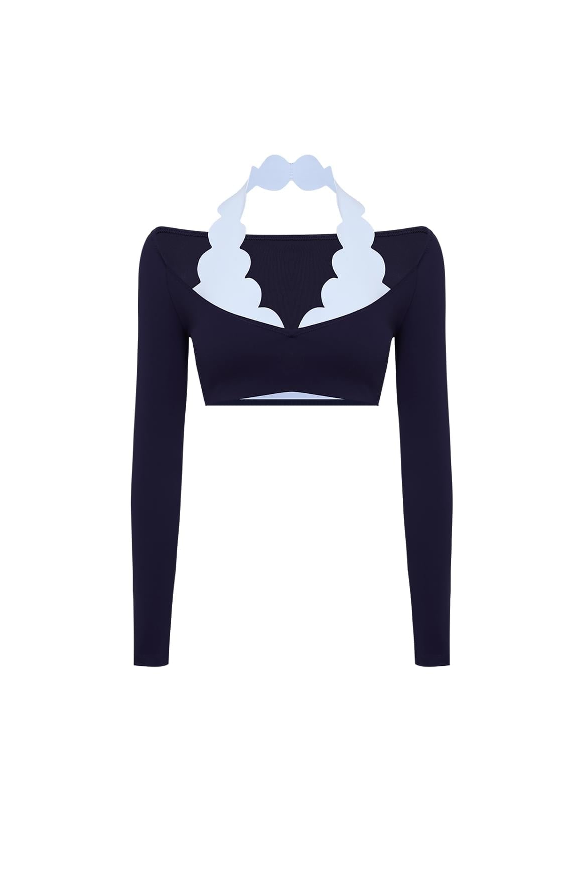Long Sleeve Scallop Colorblock Crop Top