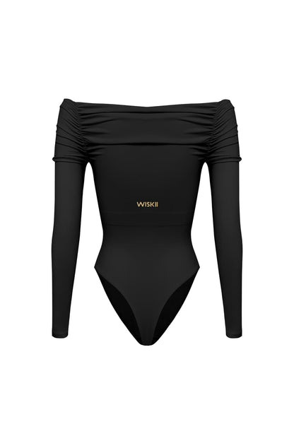 Long Sleeve Off Shoulder Pleated Bodysuit