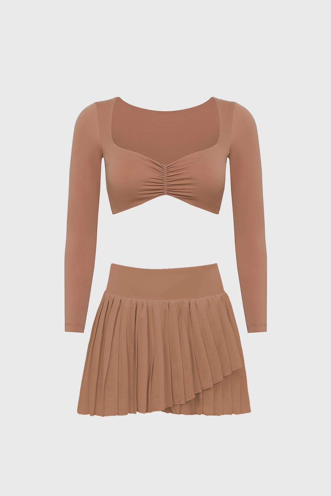 Long Sleeve Ruched Bra & Pleated Skirt
