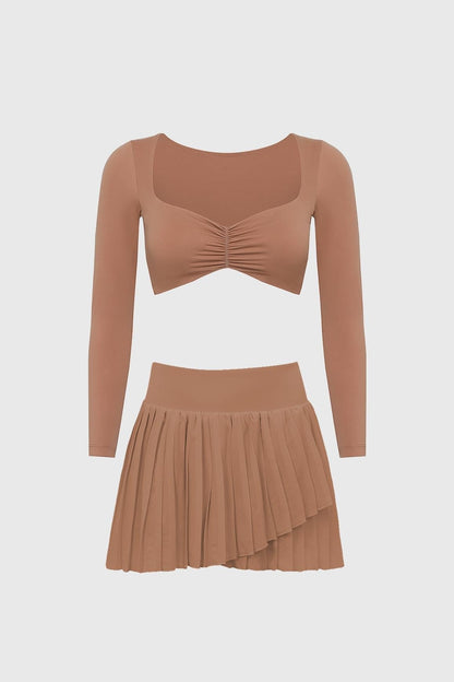 Long Sleeve Ruched Bra & Pleated Skirt