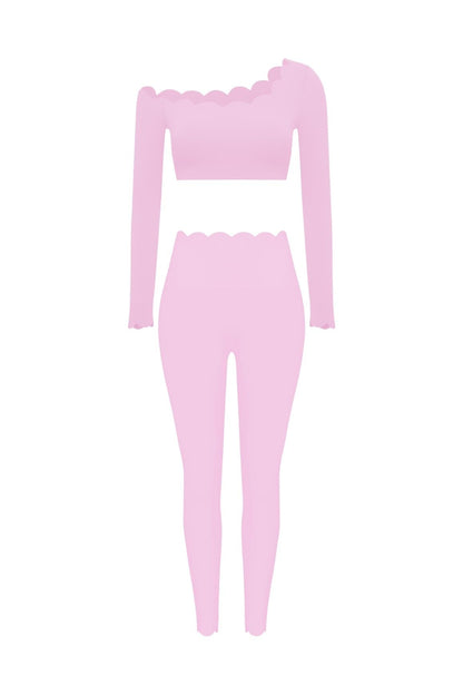One-shoulder Scallop Long Sleeve Crop Top & High-Waist Scallop Scrunch Legging