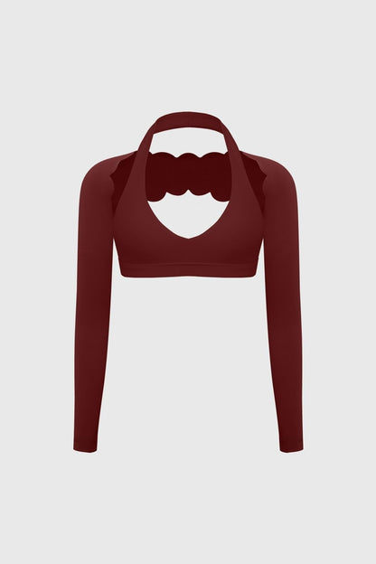 V-Cut Halter Bra & Scalloped Long Sleeve Sports Shrug