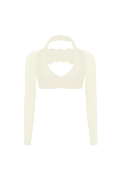 V-Cut Halter Bra & Scalloped Long Sleeve Sports Shrug