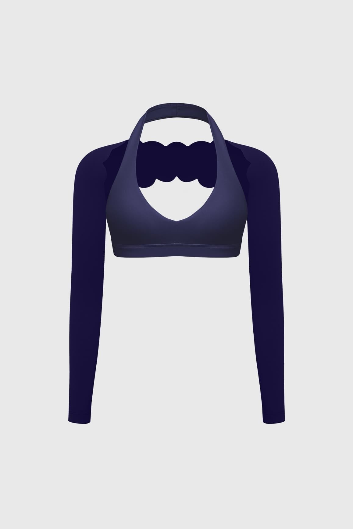 V-Cut Halter Bra & Scalloped Long Sleeve Sports Shrug