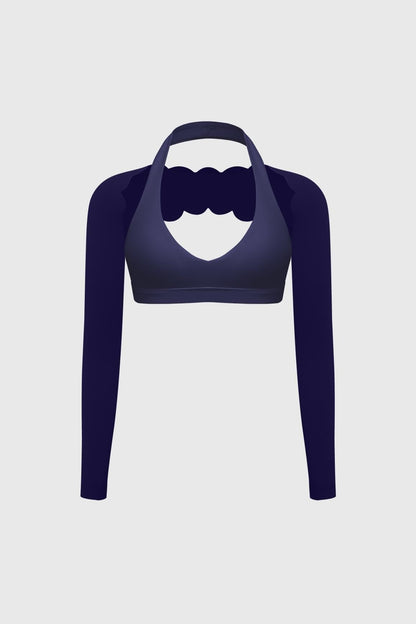 V-Cut Halter Bra & Scalloped Long Sleeve Sports Shrug