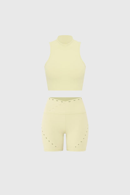 Diamond Cutout Mock Neck Bra & V-waist Laser Cut Sports Short